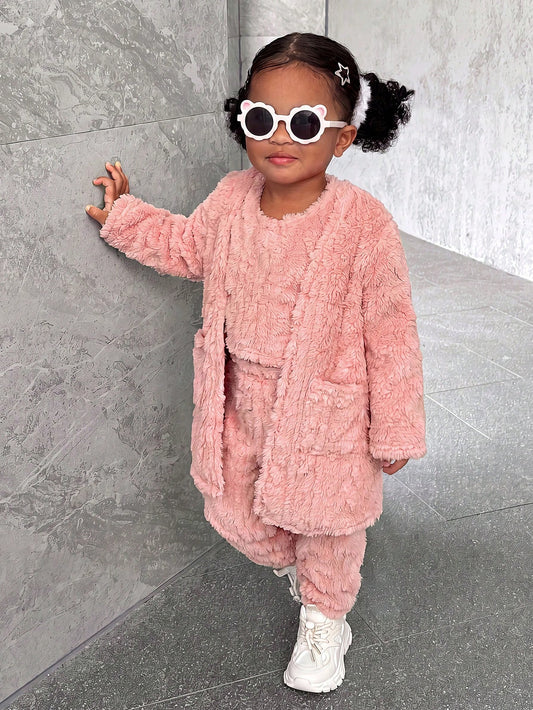 Baby Girl Solid Teddy Autumn Winter Coat & Pants & Vest
