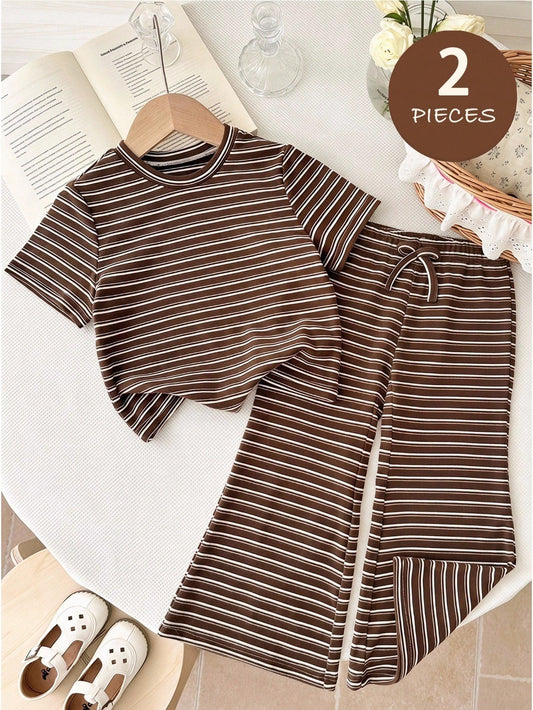 Baby Girl Striped Round Neck Short Sleeve T-Shirt And Pants Casual Outfit