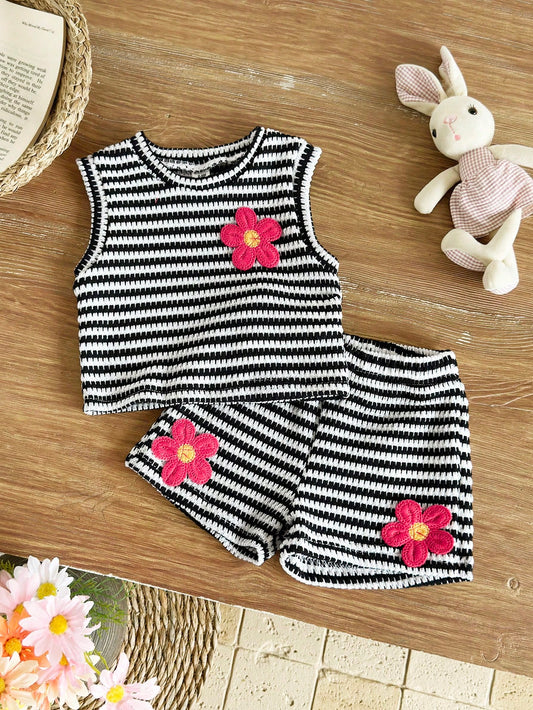 Baby Girl Summer Blue Textured Sleeveless Top And Blue Plaid Shorts Set, Decorated With Blue Bow, Essential Daily Outfit