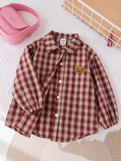 Baby Girl Woven Patch Bear Patch Casual Shirt Top