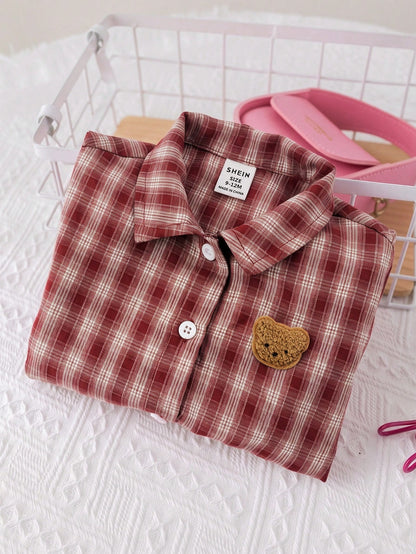 Baby Girl Woven Patch Bear Patch Casual Shirt Top