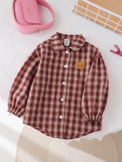 Baby Girl Woven Patch Bear Patch Casual Shirt Top