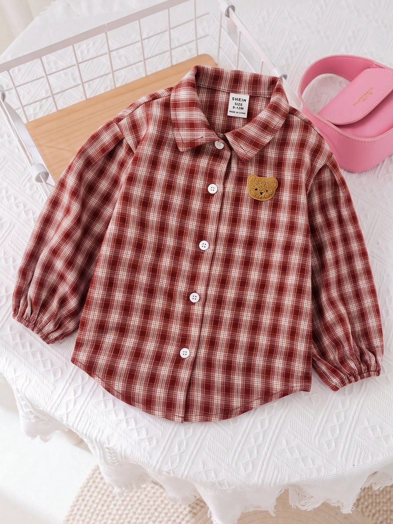 Baby Girl Woven Patch Bear Patch Casual Shirt Top
