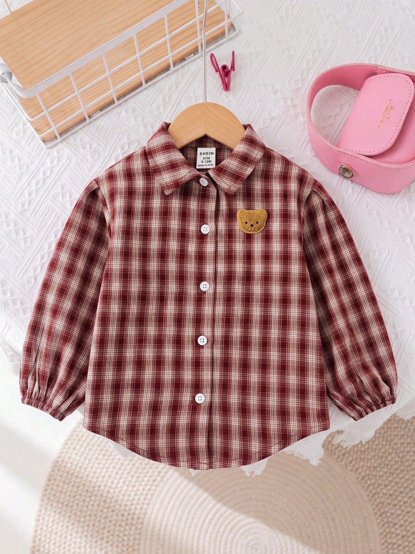 Baby Girl Woven Patch Bear Patch Casual Shirt Top