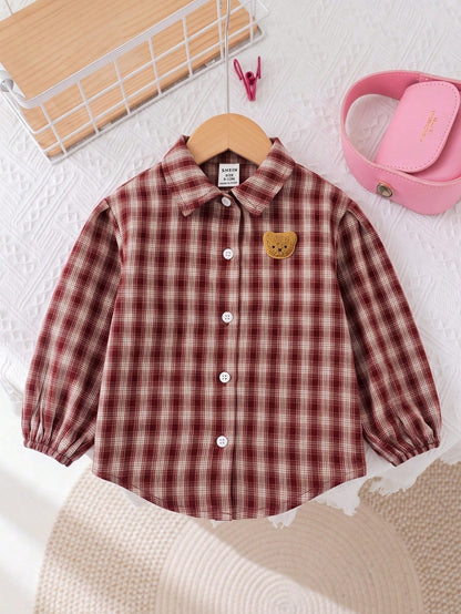 Baby Girl Woven Patch Bear Patch Casual Shirt Top