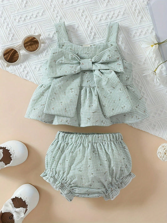Baby's Bowknot Decor 2pcs Floral Pattern Summer Outfit, Peplum Top & Shorts Set, Toddler & Infant Girl's Clothes For Daily/Holiday, As Gift