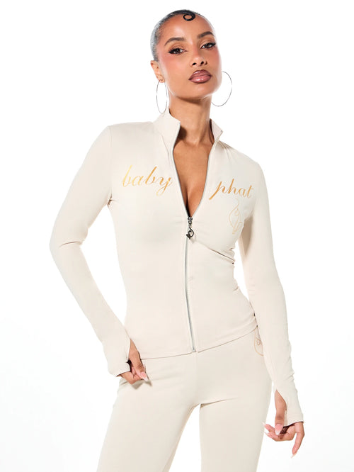 BABYPHAT Gold Script Logo Zip-Up High Neck Fitted Jacket With Thumb Holes Long Sleeve Retro Y2K Streetwear Spring Night Out Top