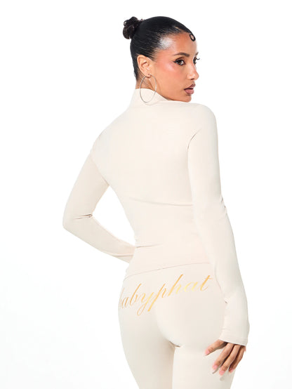 BABYPHAT Gold Script Logo Zip-Up High Neck Fitted Jacket With Thumb Holes Long Sleeve Retro Y2K Streetwear Spring Night Out Top