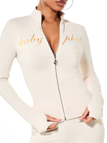 BABYPHAT Gold Script Logo Zip-Up High Neck Fitted Jacket With Thumb Holes Long Sleeve Retro Y2K Streetwear Spring Night Out Top