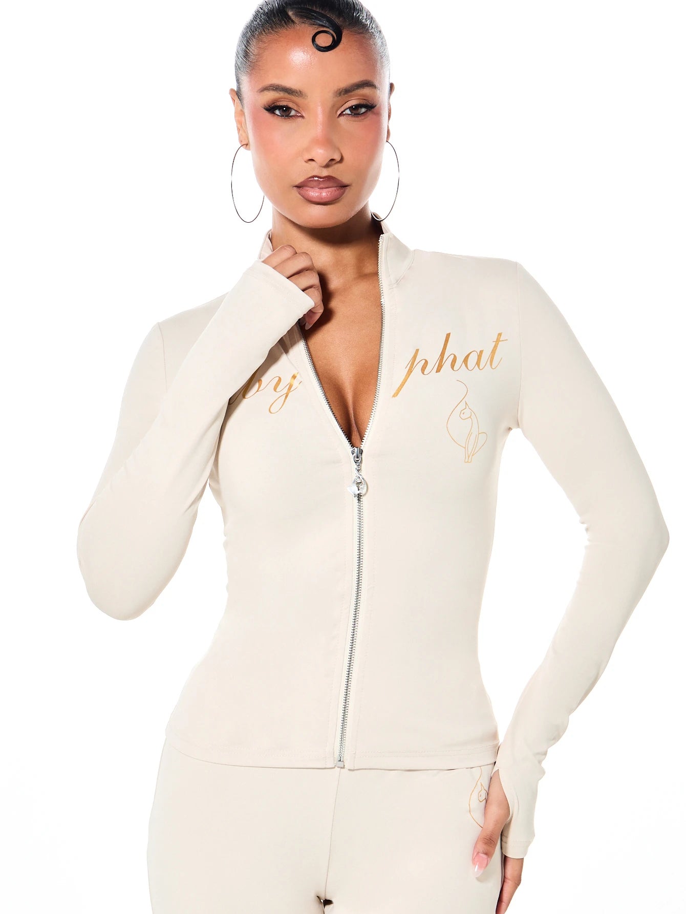 BABYPHAT Gold Script Logo Zip-Up High Neck Fitted Jacket With Thumb Holes Long Sleeve Retro Y2K Streetwear Spring Night Out Top