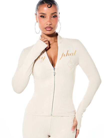 BABYPHAT Gold Script Logo Zip-Up High Neck Fitted Jacket With Thumb Holes Long Sleeve Retro Y2K Streetwear Spring Night Out Top