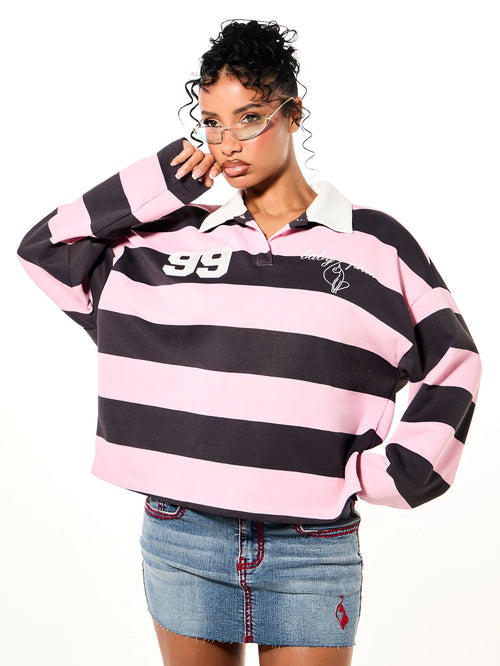 BABYPHAT Oversized Cropped Rugby Polo Top With Bold Horizontal Stripes Long Sleeves White Collar And Varsity Number Chest Applique