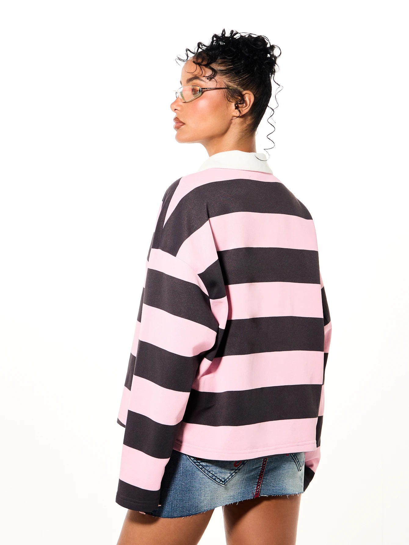 BABYPHAT Oversized Cropped Rugby Polo Top With Bold Horizontal Stripes Long Sleeves White Collar And Varsity Number Chest Applique
