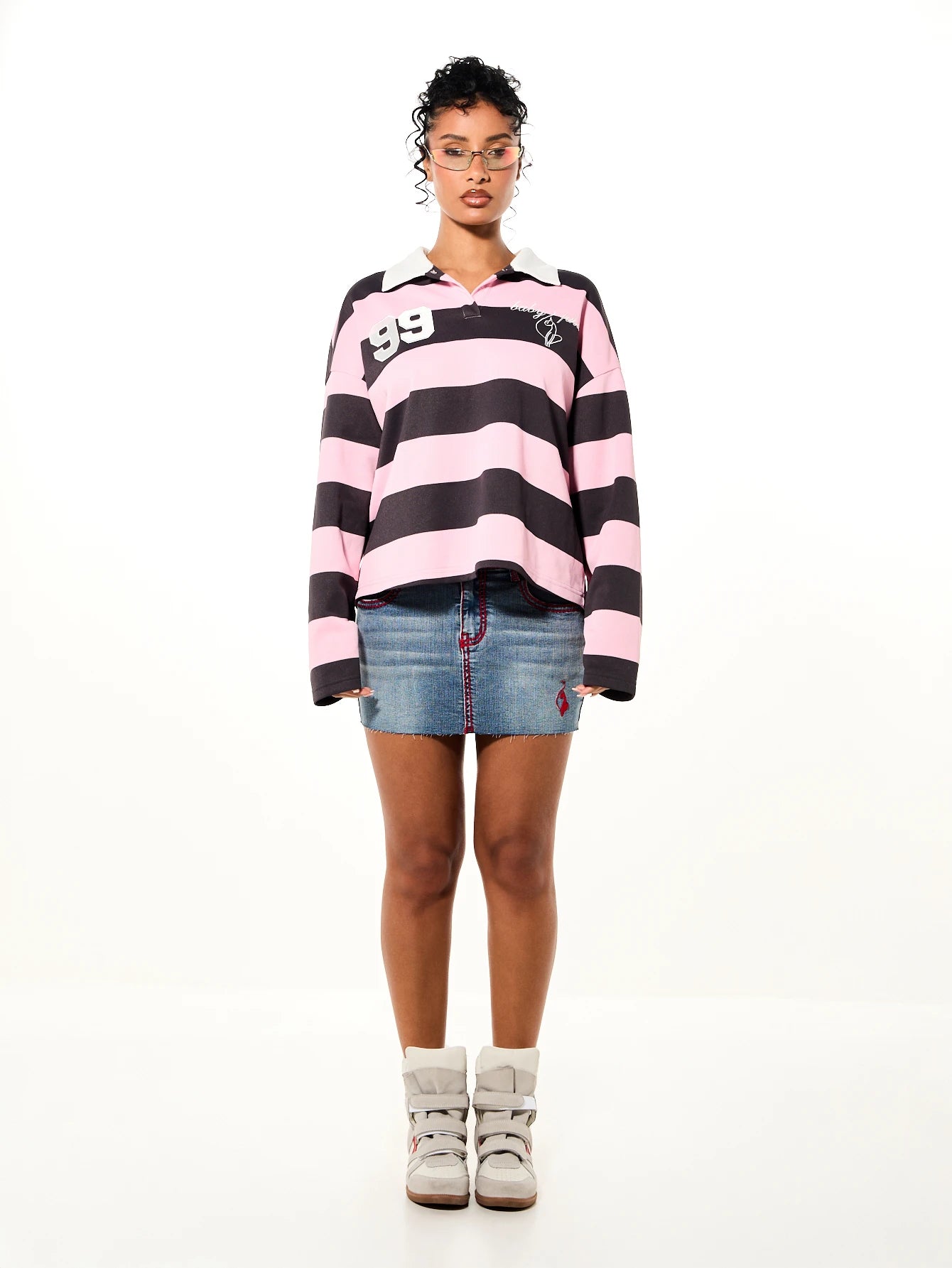 BABYPHAT Oversized Cropped Rugby Polo Top With Bold Horizontal Stripes Long Sleeves White Collar And Varsity Number Chest Applique