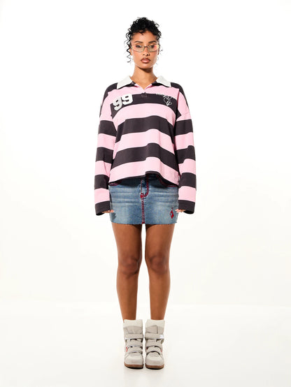 BABYPHAT Oversized Cropped Rugby Polo Top With Bold Horizontal Stripes Long Sleeves White Collar And Varsity Number Chest Applique
