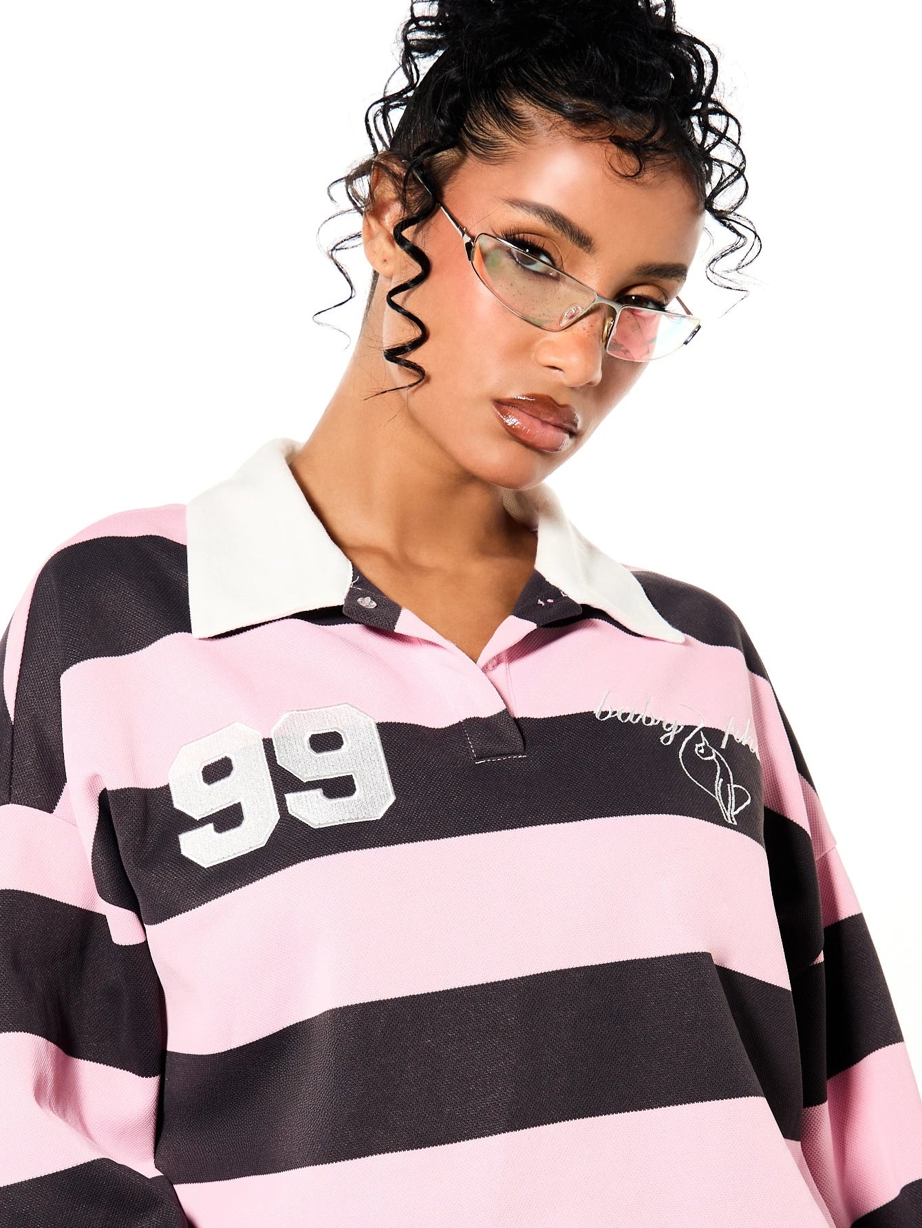 BABYPHAT Oversized Cropped Rugby Polo Top With Bold Horizontal Stripes Long Sleeves White Collar And Varsity Number Chest Applique