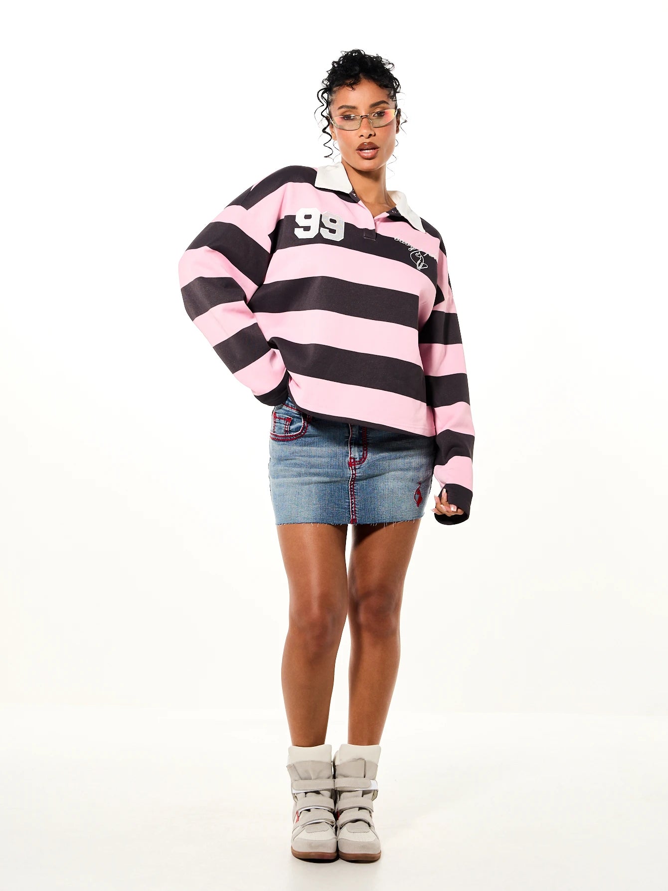 BABYPHAT Oversized Cropped Rugby Polo Top With Bold Horizontal Stripes Long Sleeves White Collar And Varsity Number Chest Applique