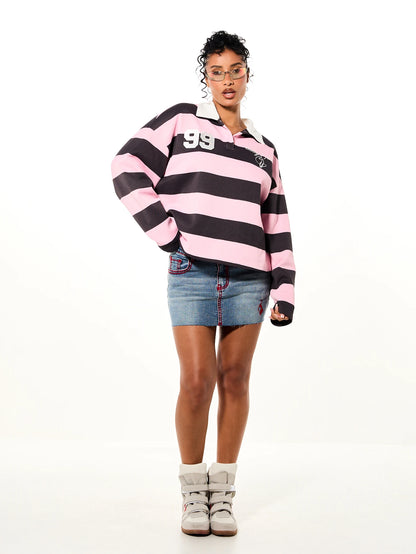 BABYPHAT Oversized Cropped Rugby Polo Top With Bold Horizontal Stripes Long Sleeves White Collar And Varsity Number Chest Applique