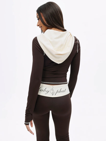 BABYPHAT Plus Size Cropped Zip-Up Hoodie With Cat Line Art Print And Contrast Ivory Hood Detail Long Sleeve Fall