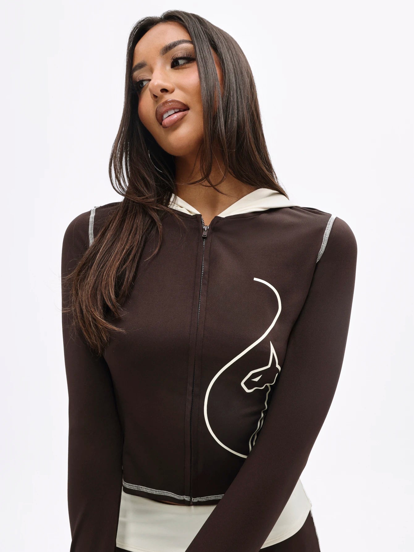 BABYPHAT Plus Size Cropped Zip-Up Hoodie With Cat Line Art Print And Contrast Ivory Hood Detail Long Sleeve Fall