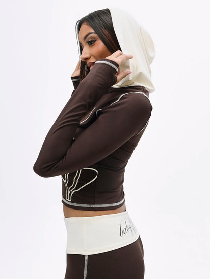 BABYPHAT Plus Size Cropped Zip-Up Hoodie With Cat Line Art Print And Contrast Ivory Hood Detail Long Sleeve Fall