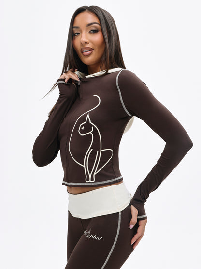 BABYPHAT Plus Size Cropped Zip-Up Hoodie With Cat Line Art Print And Contrast Ivory Hood Detail Long Sleeve Fall