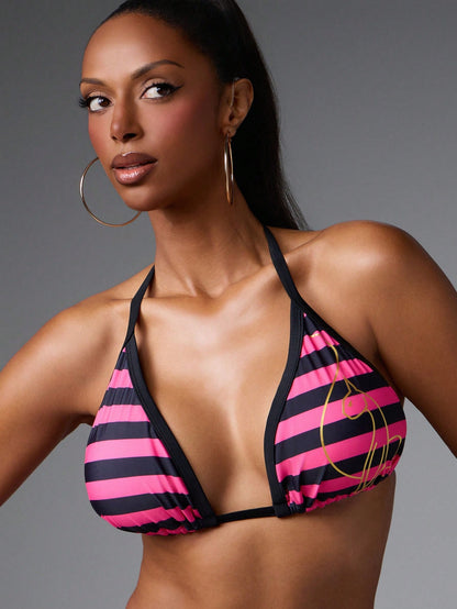 BABYPHAT Plus Size Striped Triangle Bikini Top With Halter Neck Tie Back And Graphic Print For Summer Beach Vacation