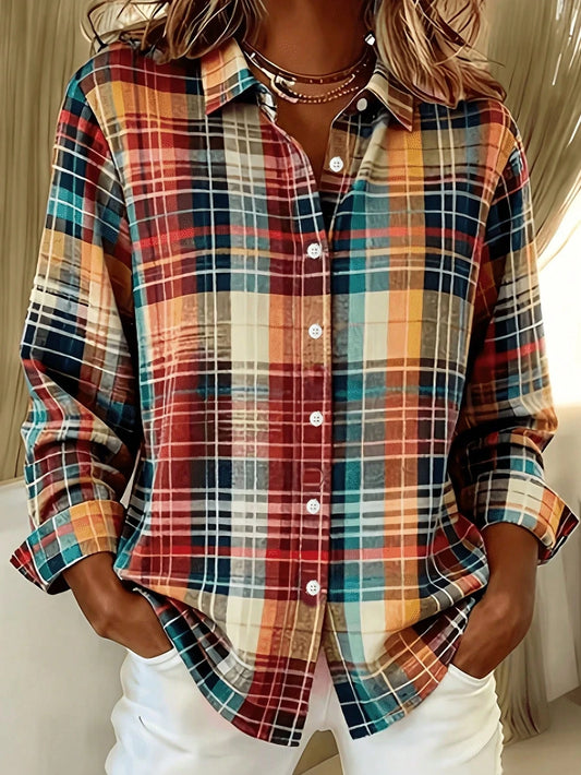 Back To School Casual Fashion Plaid Print Women's Plus Size Lightweight Long Sleeve Shirt