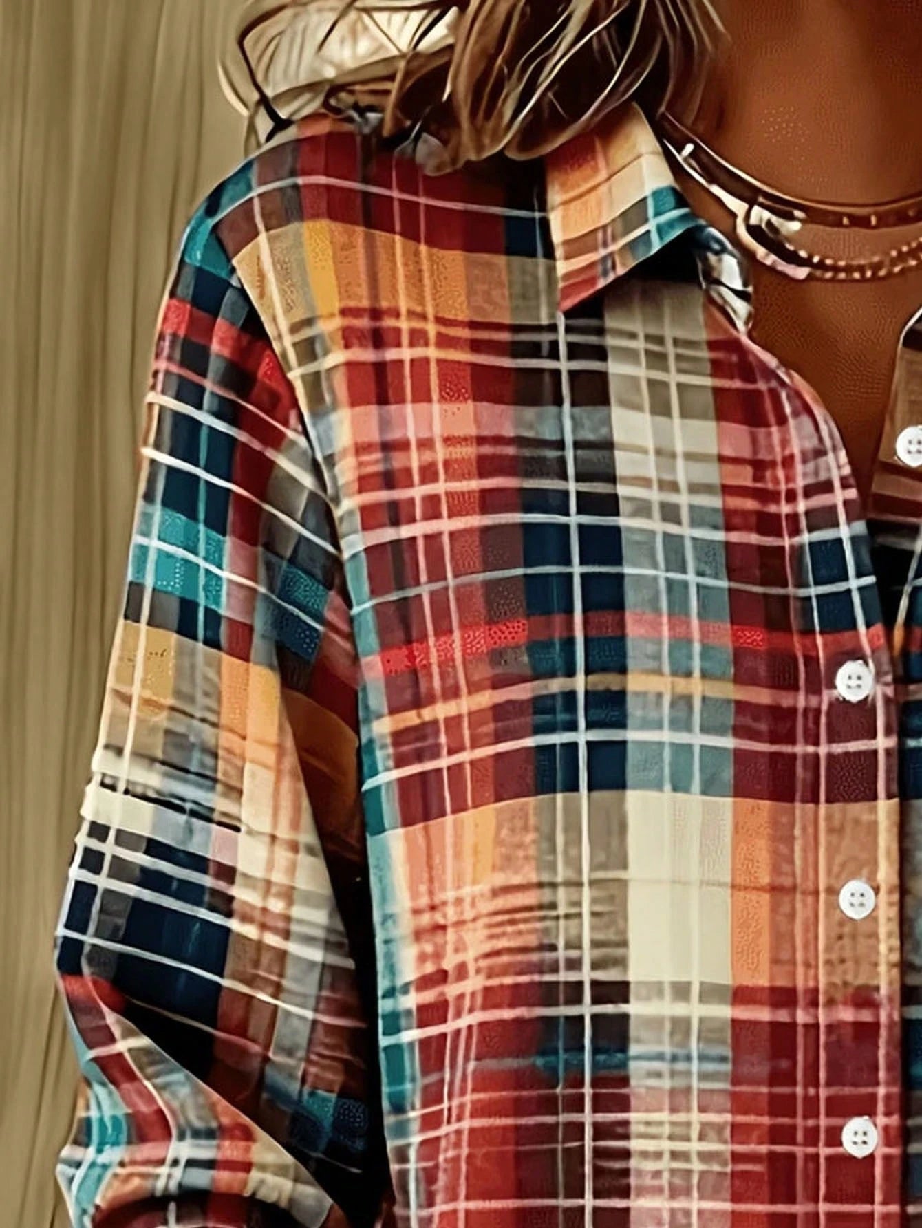 Back To School Casual Fashion Plaid Print Women's Plus Size Lightweight Long Sleeve Shirt