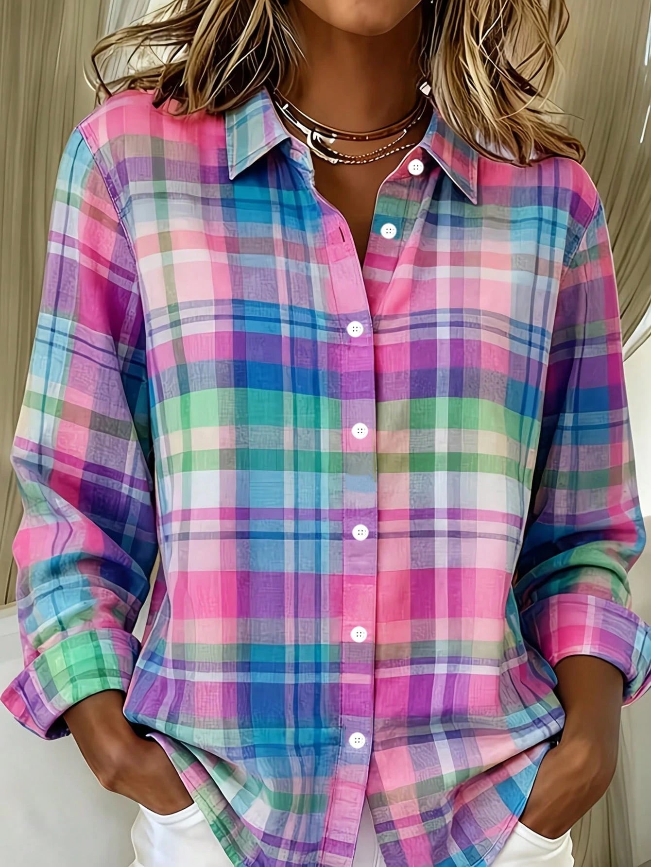 Back To School Casual Fashion Plaid Print Women's Plus Size Lightweight Long Sleeve Shirt