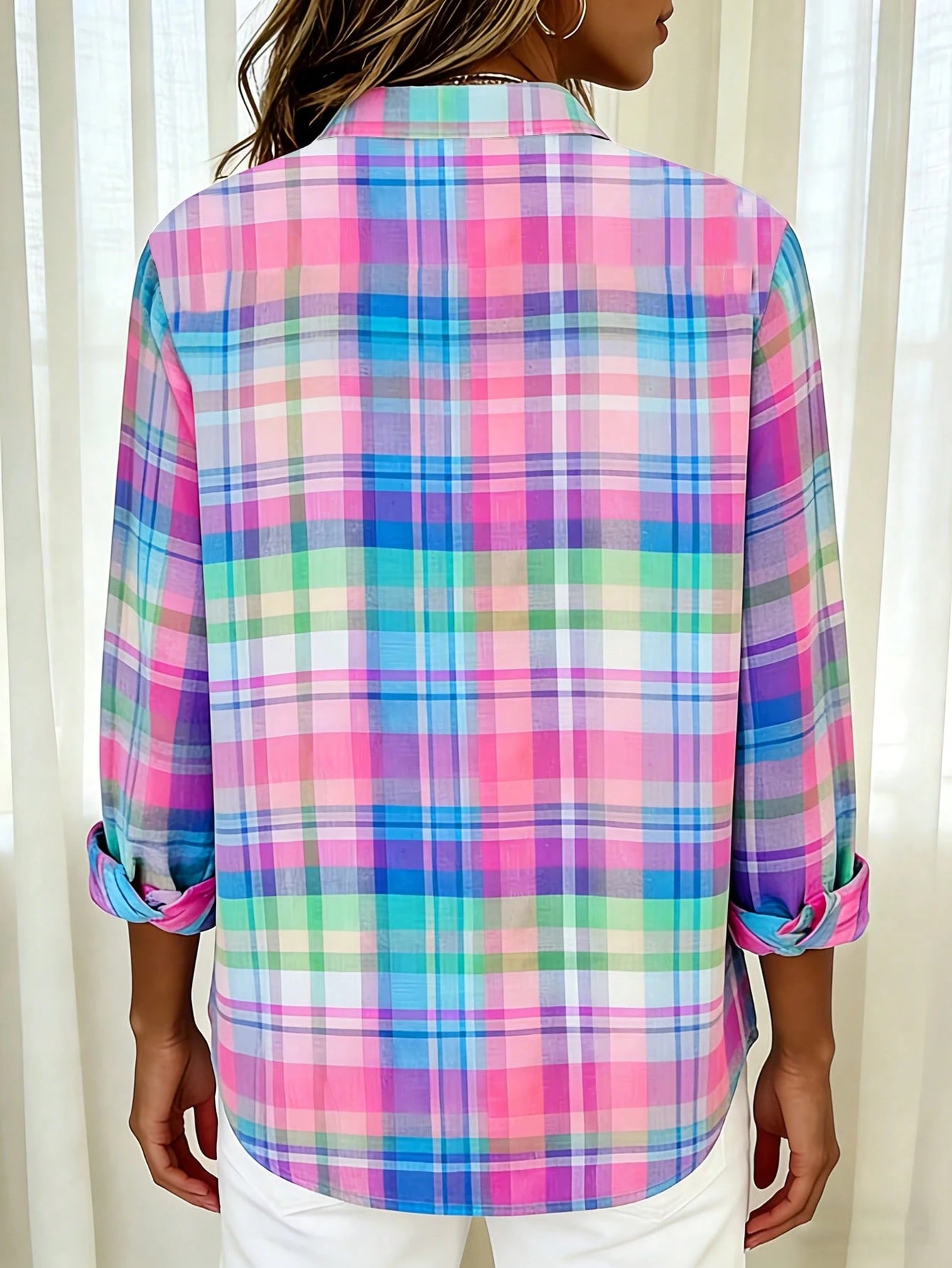 Back To School Casual Fashion Plaid Print Women's Plus Size Lightweight Long Sleeve Shirt