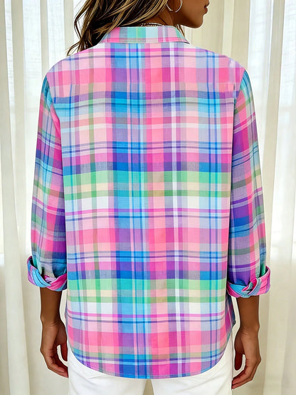 Back To School Casual Fashion Plaid Print Women's Plus Size Lightweight Long Sleeve Shirt