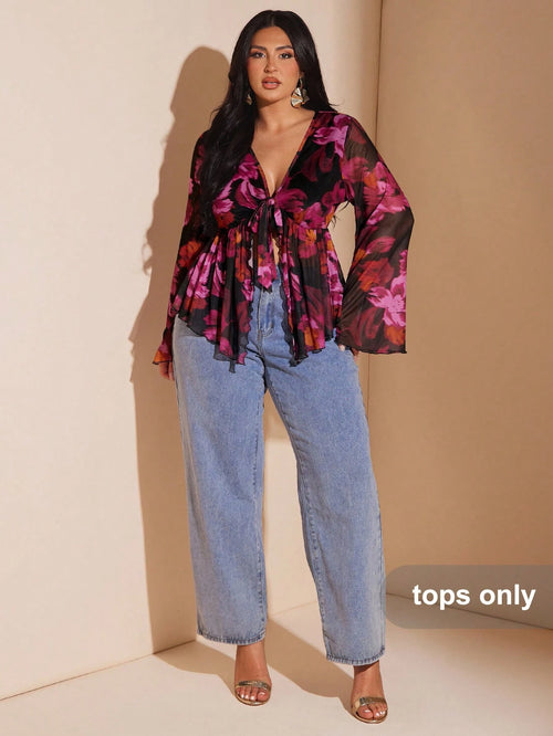 BAE Plus Size Vintage Black Paisley Print Front Tie Knit Top, Flare Sleeve Sheer Mesh Autumn Boho Printed Blouse, Night Out Club Vacation Wedding