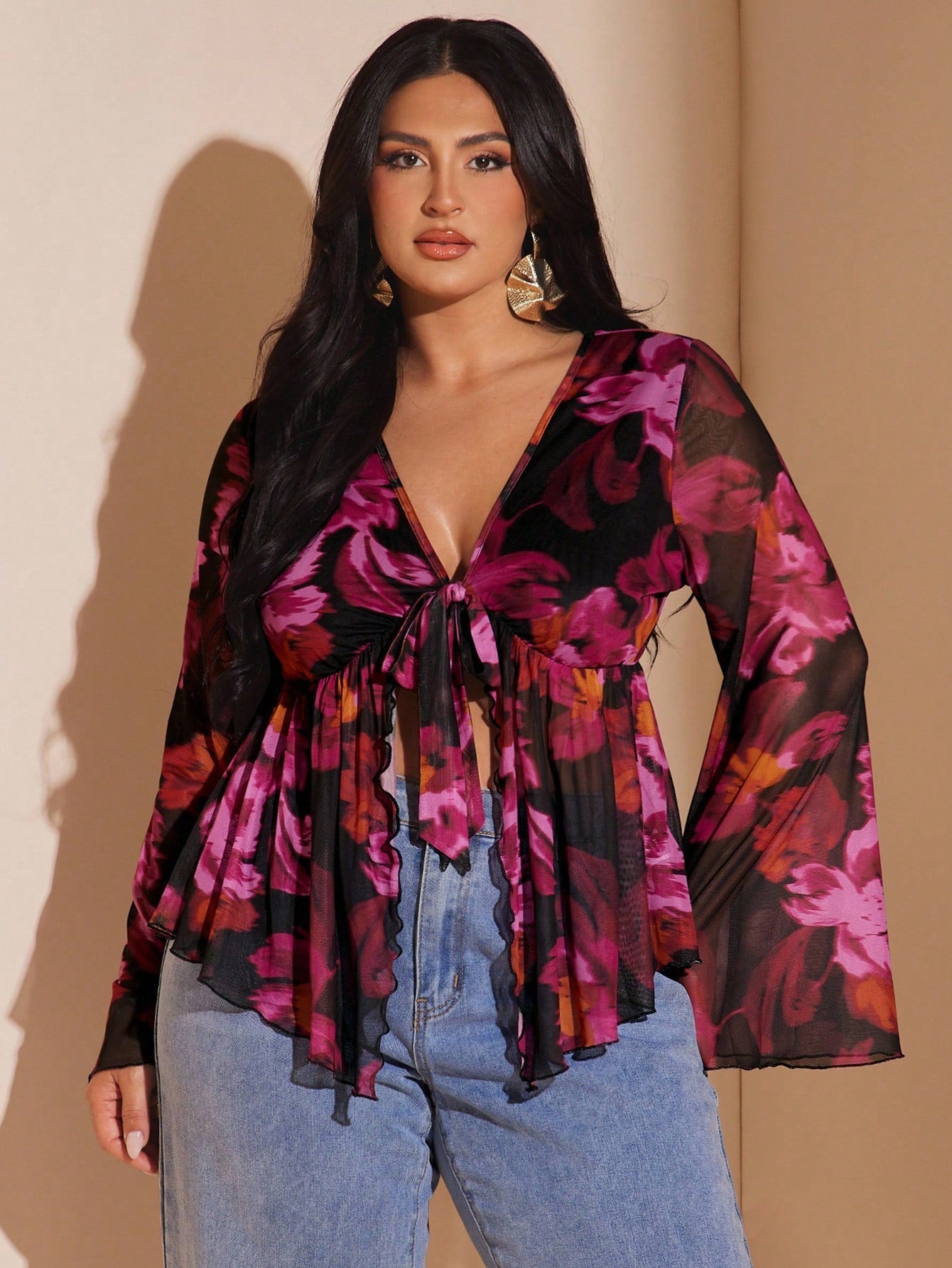 BAE Plus Size Vintage Black Paisley Print Front Tie Knit Top, Flare Sleeve Sheer Mesh Autumn Boho Printed Blouse, Night Out Club Vacation Wedding