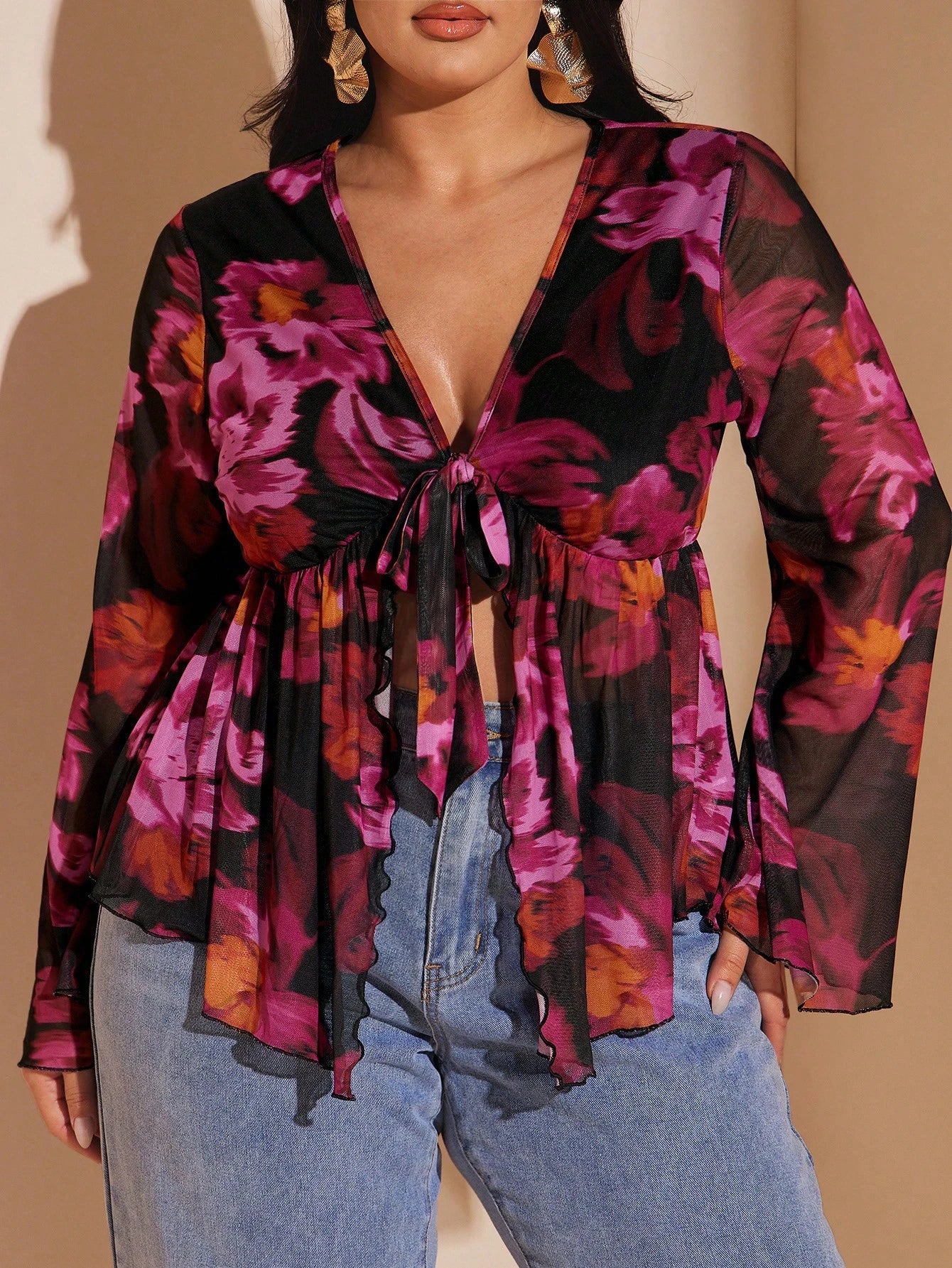 BAE Plus Size Vintage Black Paisley Print Front Tie Knit Top, Flare Sleeve Sheer Mesh Autumn Boho Printed Blouse, Night Out Club Vacation Wedding