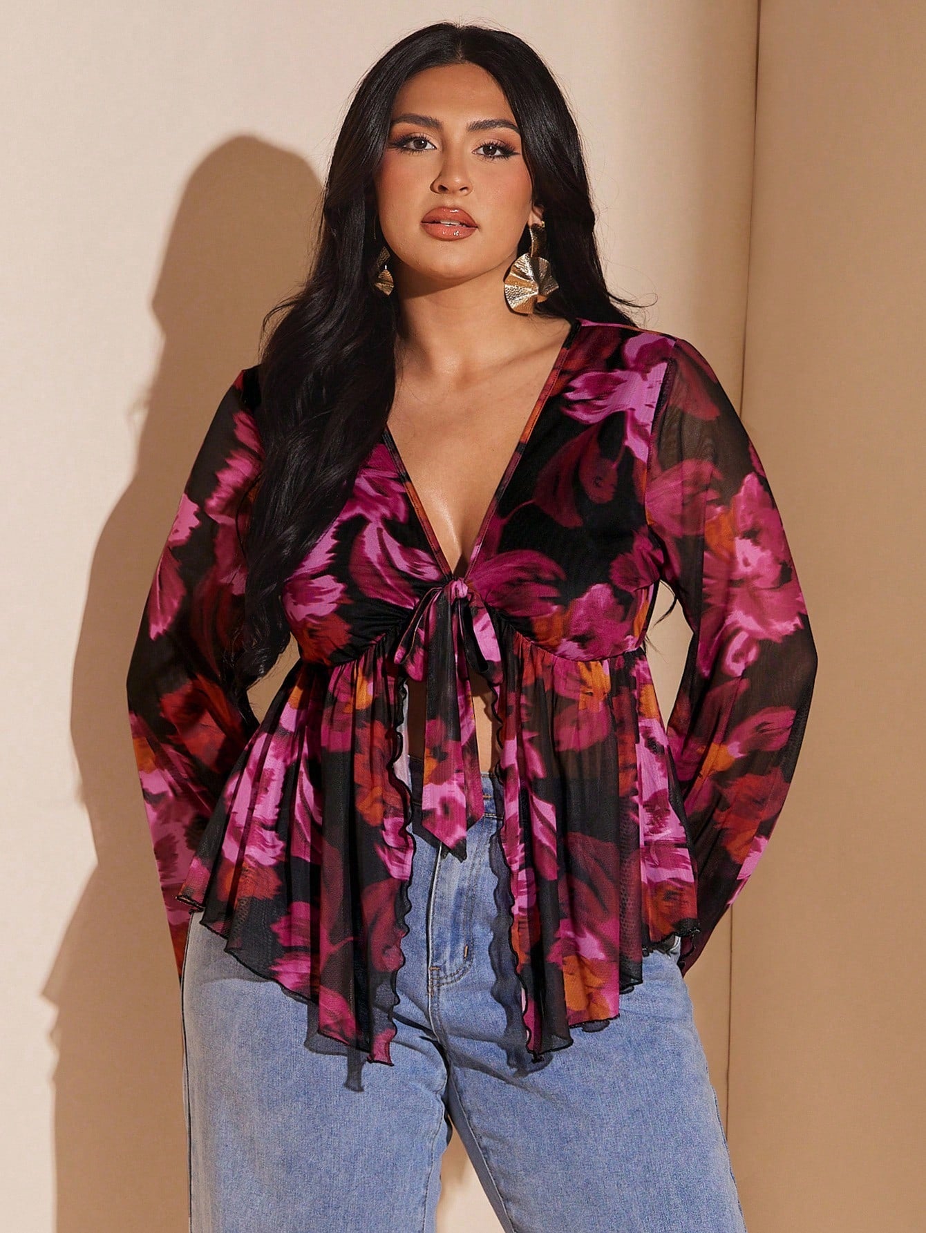 BAE Plus Size Vintage Black Paisley Print Front Tie Knit Top, Flare Sleeve Sheer Mesh Autumn Boho Printed Blouse, Night Out Club Vacation Wedding