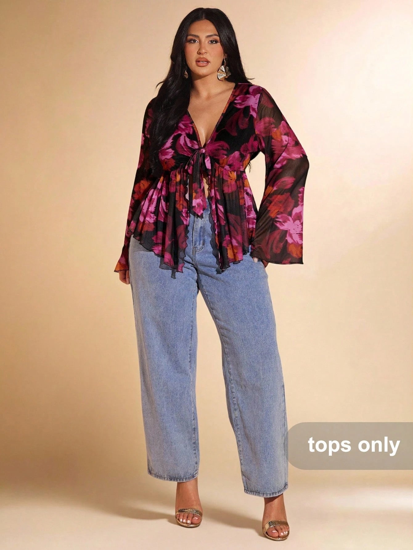 BAE Plus Size Vintage Black Paisley Print Front Tie Knit Top, Flare Sleeve Sheer Mesh Autumn Boho Printed Blouse, Night Out Club Vacation Wedding