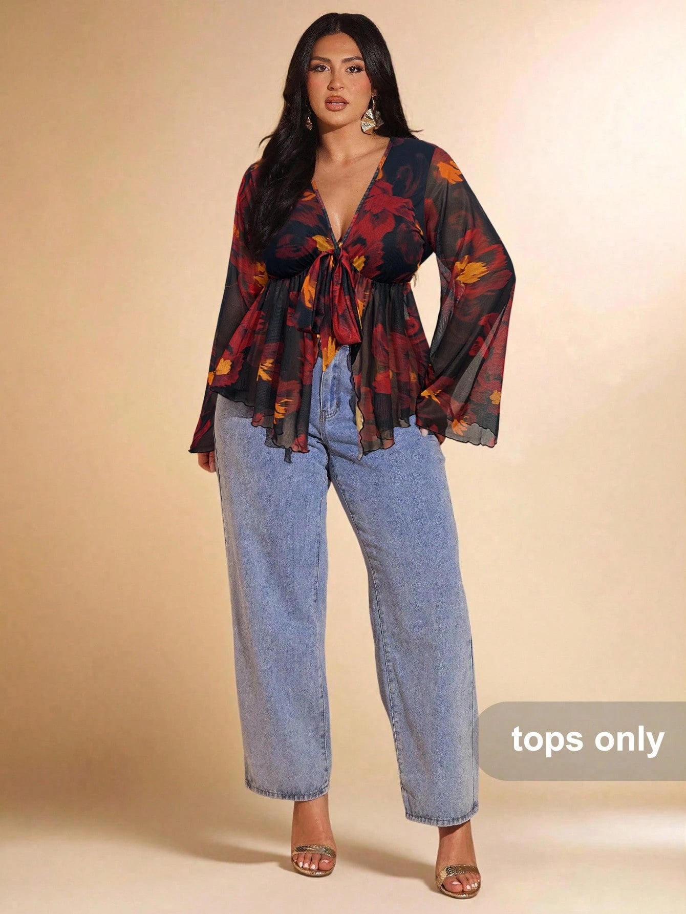 BAE Plus Size Vintage Black Paisley Print Front Tie Knit Top, Flare Sleeve Sheer Mesh Autumn Boho Printed Blouse, Night Out Club Vacation Wedding