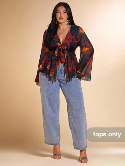 BAE Plus Size Vintage Black Paisley Print Front Tie Knit Top, Flare Sleeve Sheer Mesh Autumn Boho Printed Blouse, Night Out Club Vacation Wedding