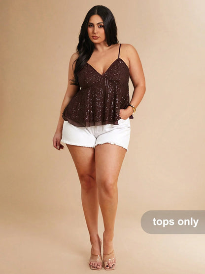 BAE Plus Size Women's Brown Sequin Strap Deep V-Neck Camisole, Party Cocktail, Valentine's Day, Autumn/Winter