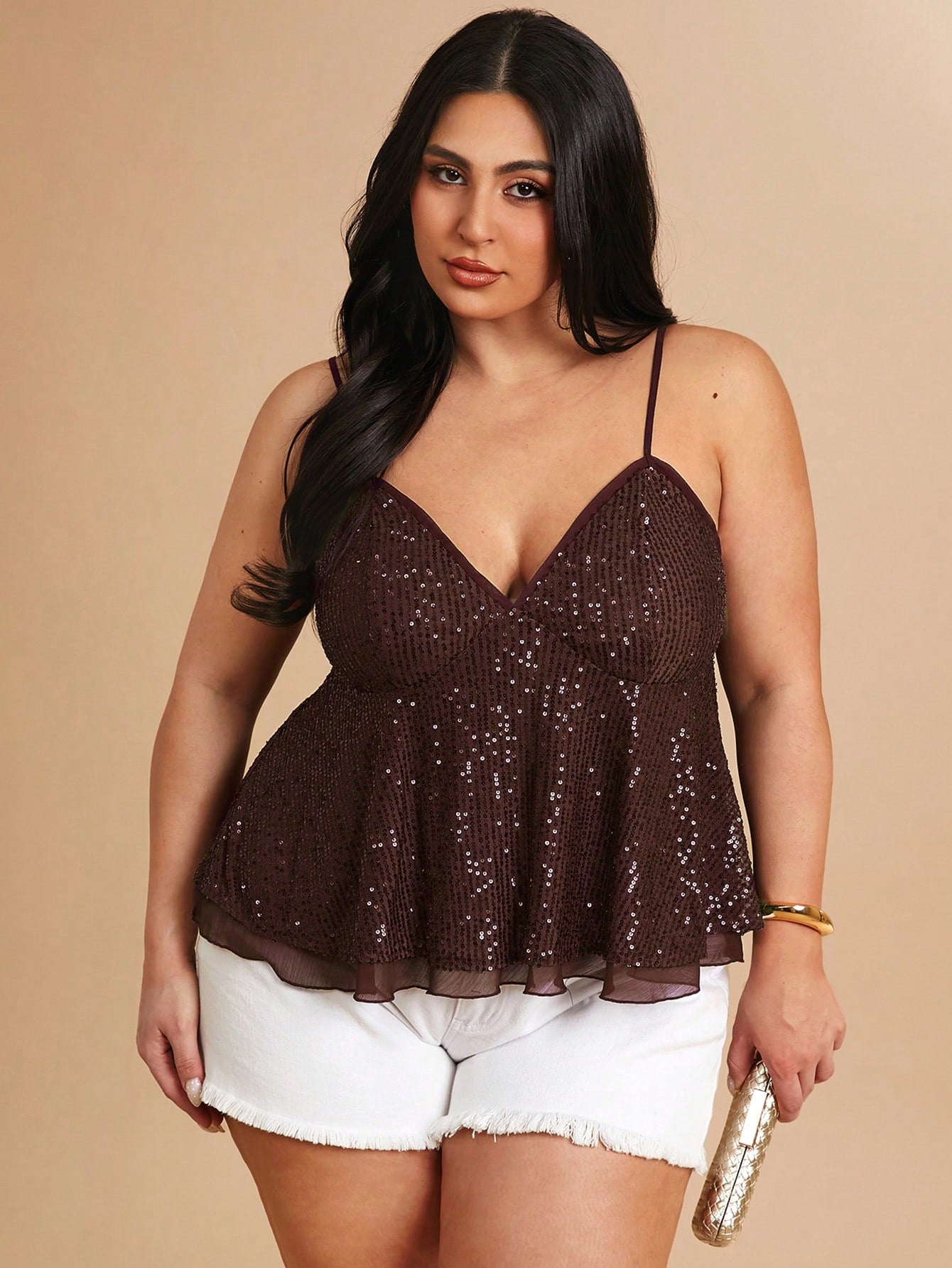 BAE Plus Size Women's Brown Sequin Strap Deep V-Neck Camisole, Party Cocktail, Valentine's Day, Autumn/Winter