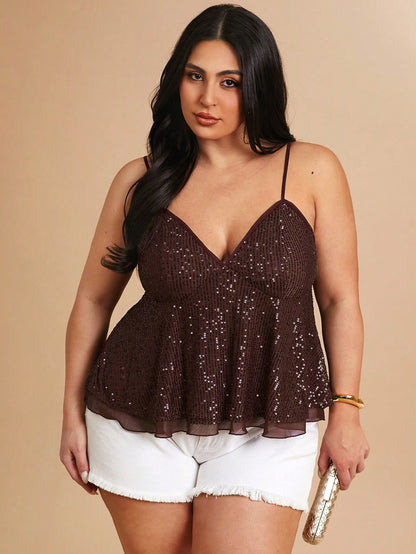 BAE Plus Size Women's Brown Sequin Strap Deep V-Neck Camisole, Party Cocktail, Valentine's Day, Autumn/Winter