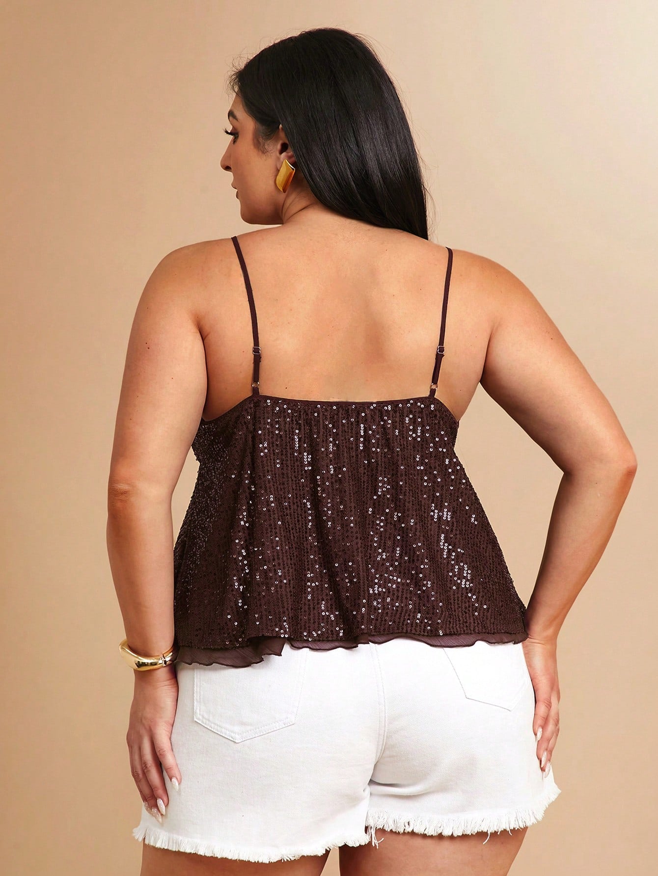 BAE Plus Size Women's Brown Sequin Strap Deep V-Neck Camisole, Party Cocktail, Valentine's Day, Autumn/Winter