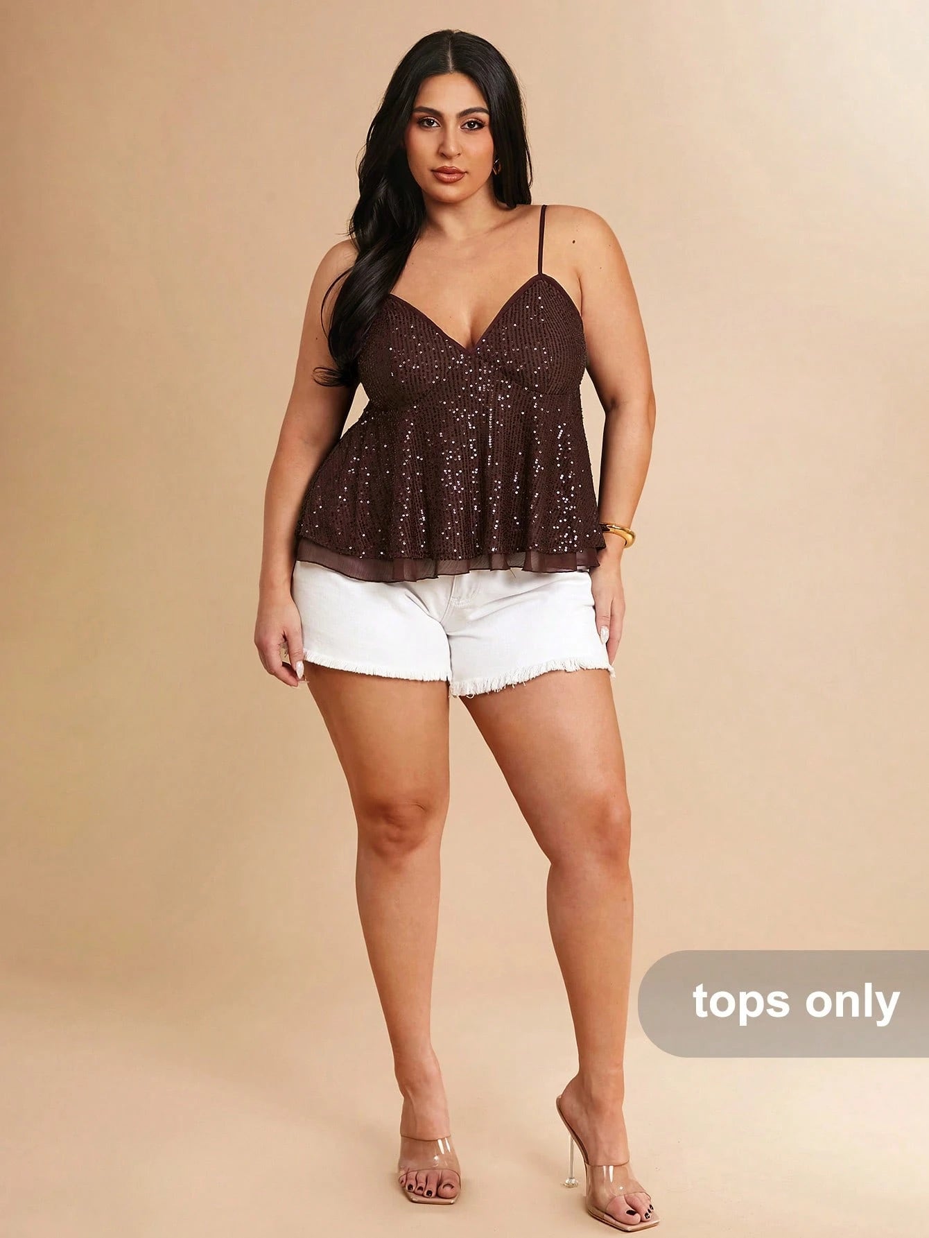 BAE Plus Size Women's Brown Sequin Strap Deep V-Neck Camisole, Party Cocktail, Valentine's Day, Autumn/Winter