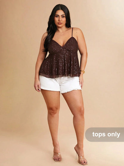 BAE Plus Size Women's Brown Sequin Strap Deep V-Neck Camisole, Party Cocktail, Valentine's Day, Autumn/Winter