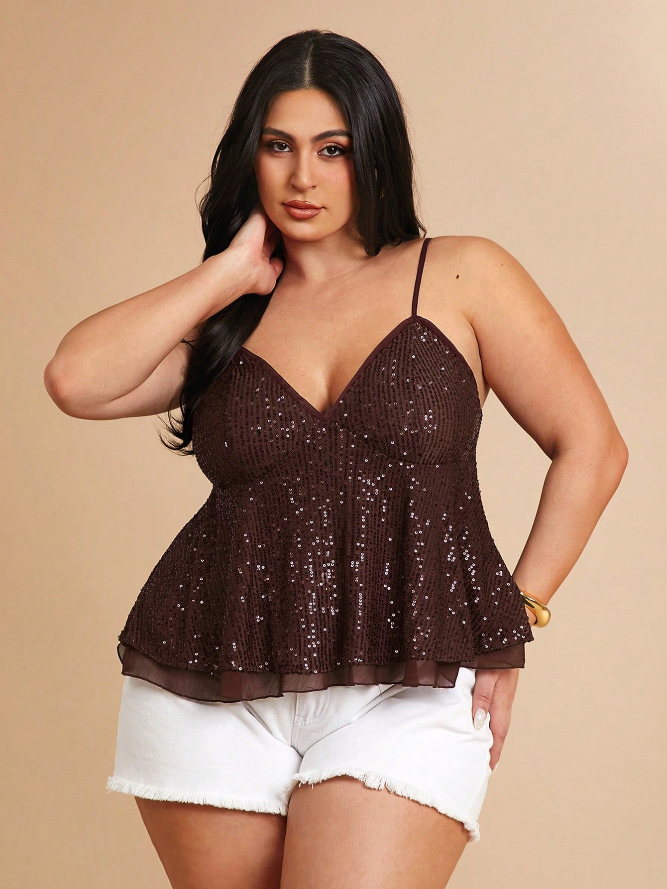 BAE Plus Size Women's Brown Sequin Strap Deep V-Neck Camisole, Party Cocktail, Valentine's Day, Autumn/Winter