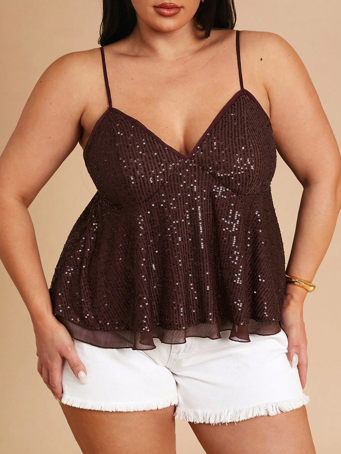 BAE Plus Size Women's Brown Sequin Strap Deep V-Neck Camisole, Party Cocktail, Valentine's Day, Autumn/Winter