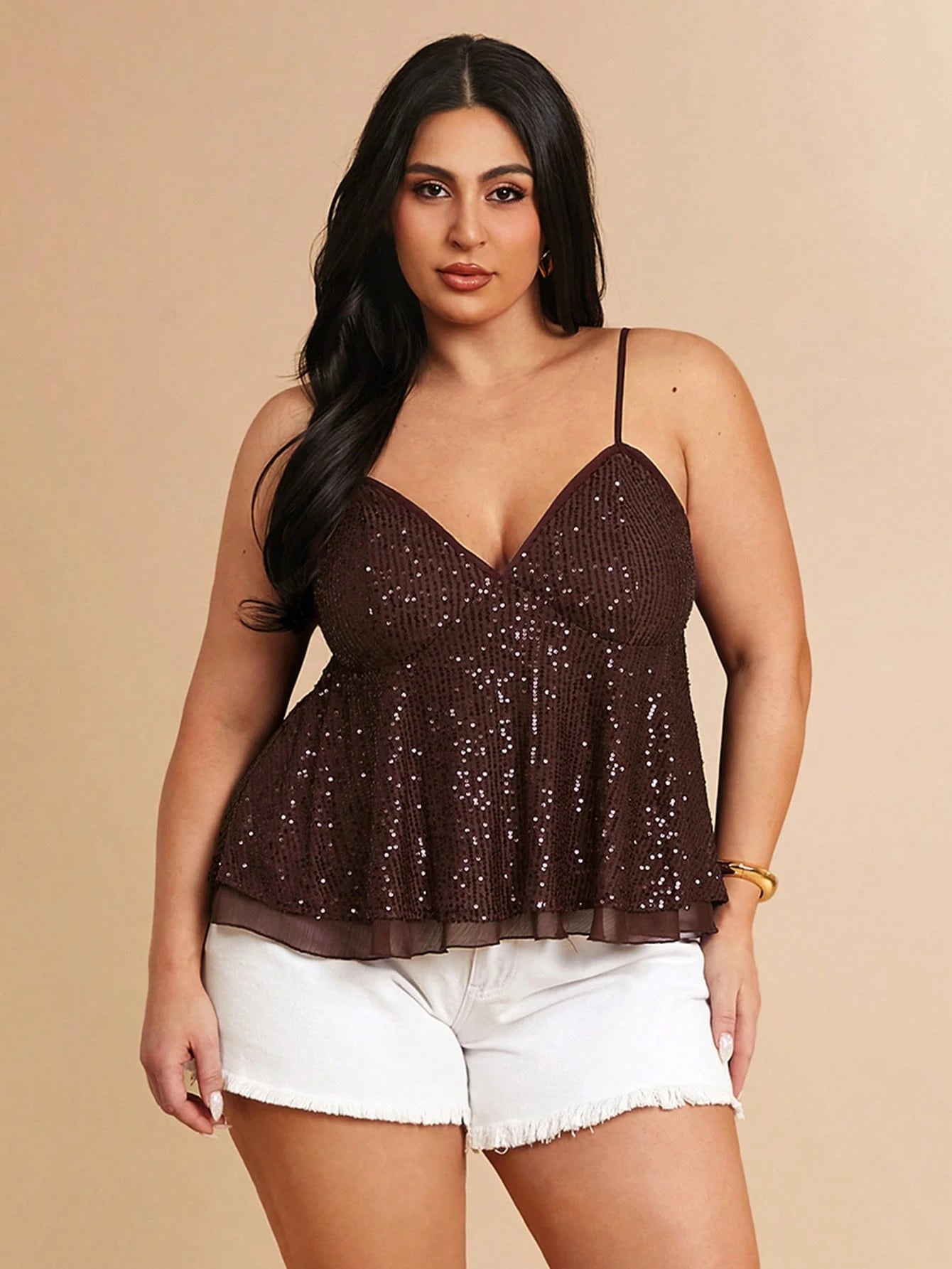 BAE Plus Size Women's Brown Sequin Strap Deep V-Neck Camisole, Party Cocktail, Valentine's Day, Autumn/Winter