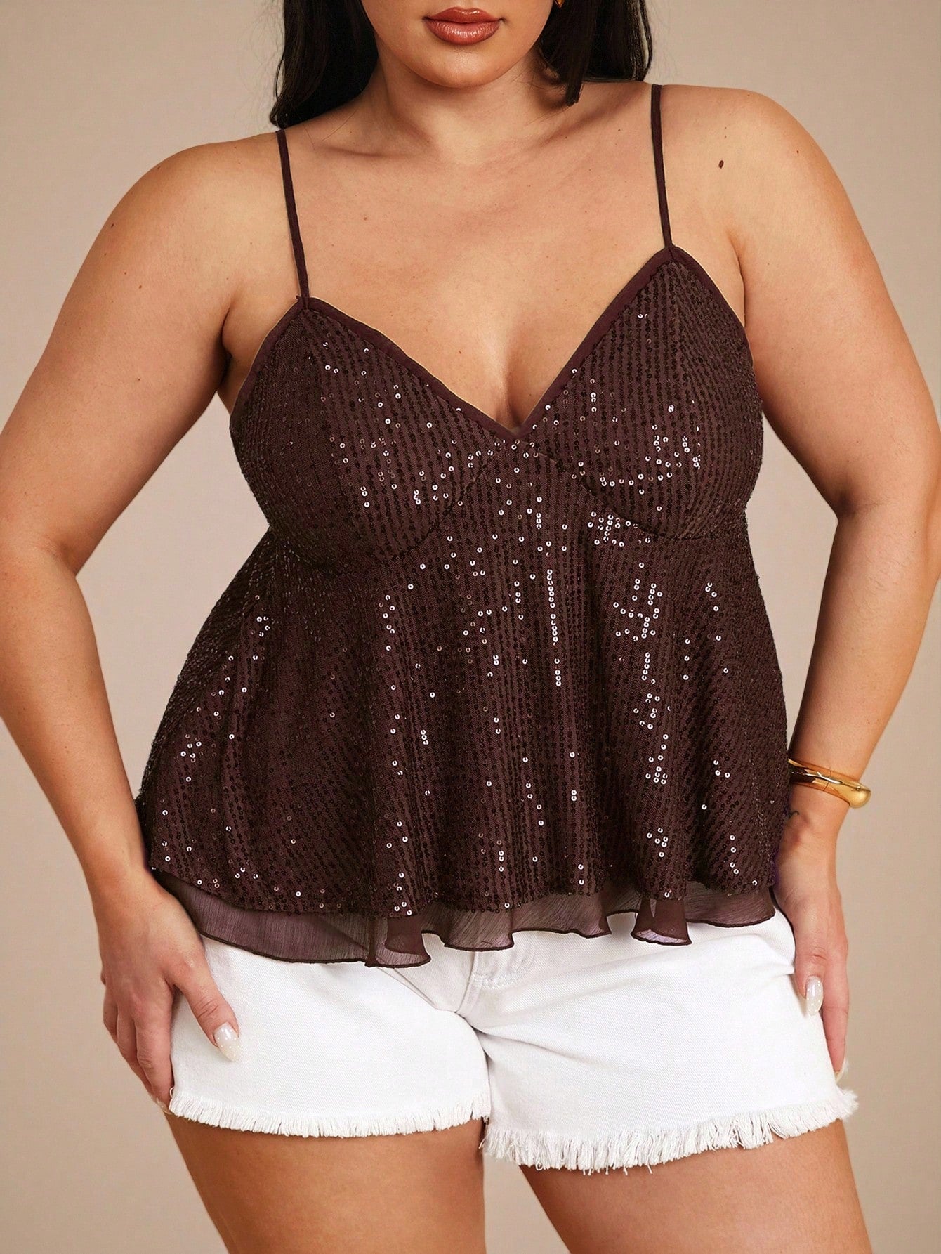 BAE Plus Size Women's Brown Sequin Strap Deep V-Neck Camisole, Party Cocktail, Valentine's Day, Autumn/Winter