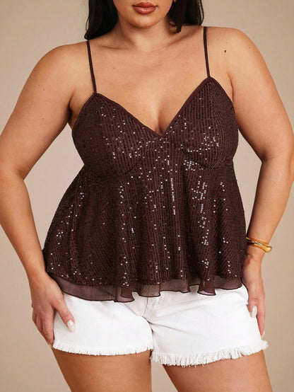 BAE Plus Size Women's Brown Sequin Strap Deep V-Neck Camisole, Party Cocktail, Valentine's Day, Autumn/Winter